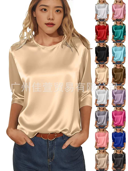 Women's Spring and Summer Satin Three-Quarter Sleeve Round Neck Solid Color Pullover Top