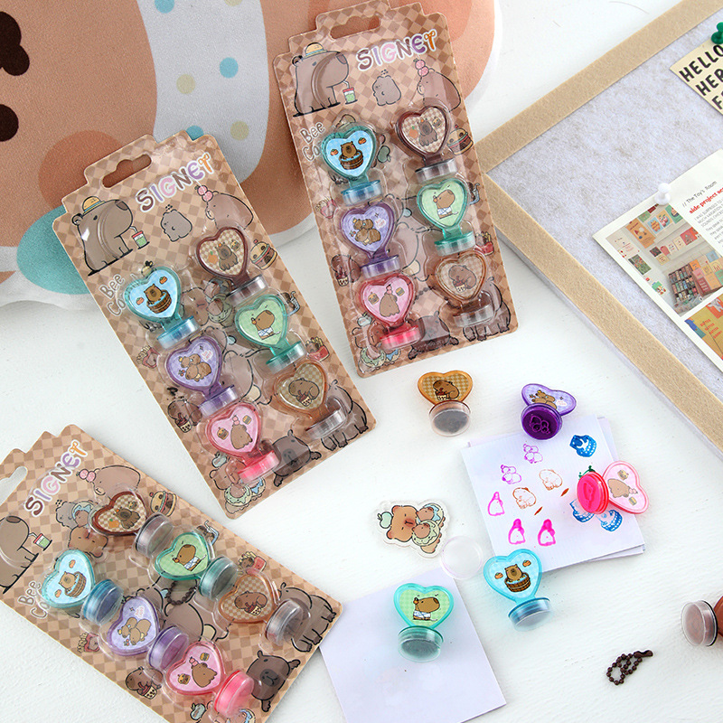 6 sellos de cartón de dibujos animados de barro colorido, sellos de libro de mano, artículos de papelería para estudiantes, pequeños regalos