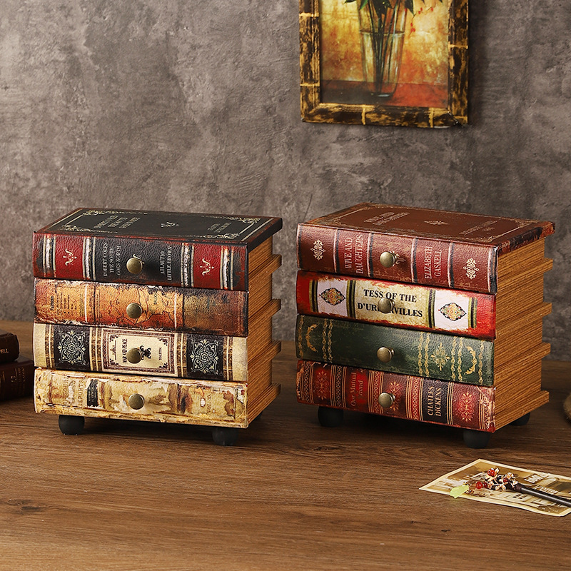 Retro Book-Shaped Four-Compartment Drawer Box Simulated Book Storage Cabinet Desktop Ornaments Study Office Decoration Crafts