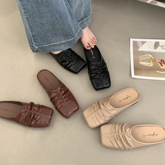 复古小众褶皱包头半拖鞋女外穿懒人一脚蹬平底方头穆勒鞋后空单鞋