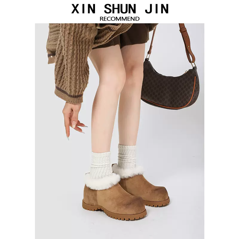 厚底内增高一脚蹬2025秋冬毛毛鞋大头复古加绒勃肯鞋女外穿雪地靴