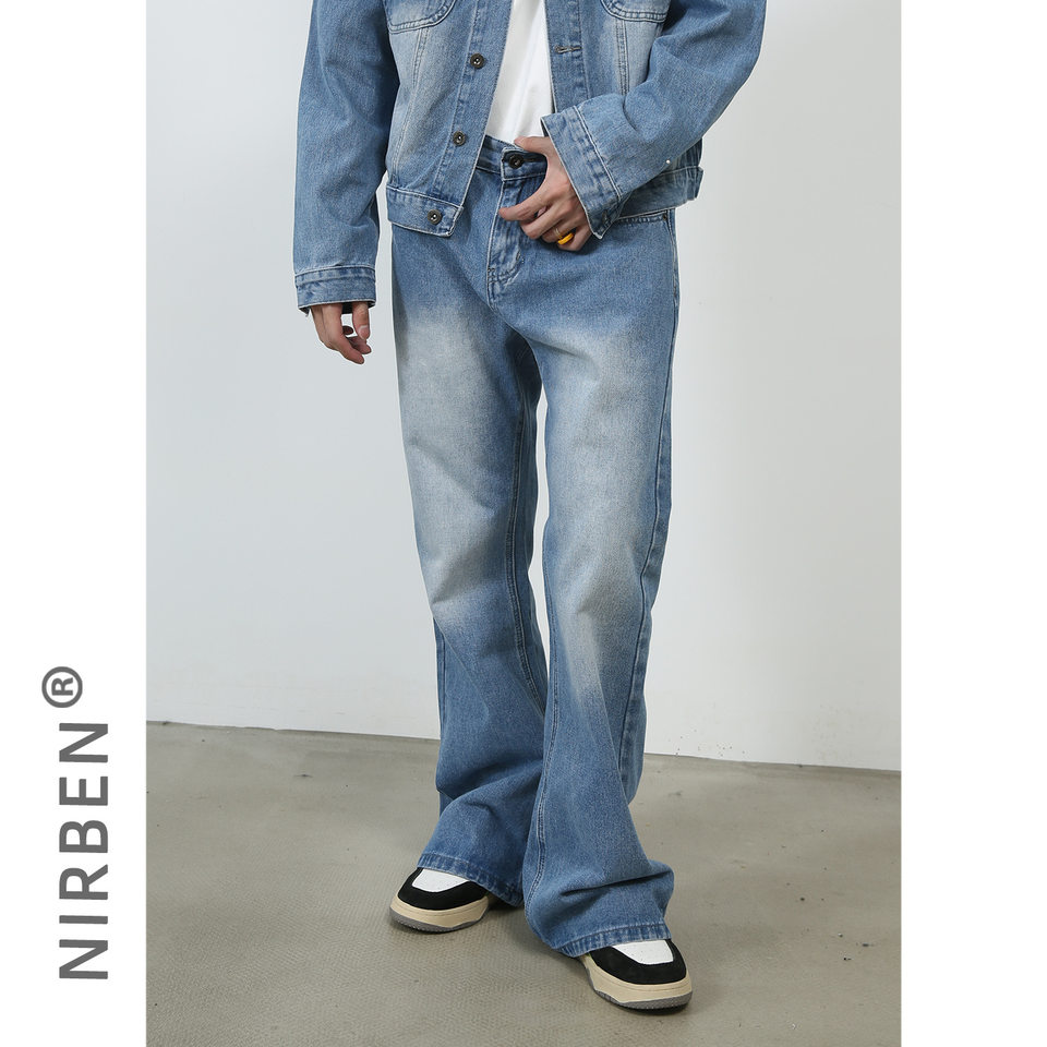 Quần jean nam ống đứng dáng suông rộng cạp vừa phong cách Hàn, vải denim giặt cổ điển — Xanh lam nhạt, Xám nhạt, Đất Sét