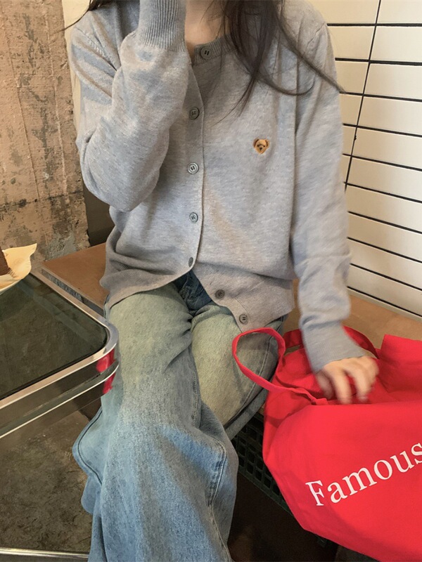 韩系软糯小熊刺绣长袖针织开衫2025早秋新款女装气质百搭毛衣外套|undefined