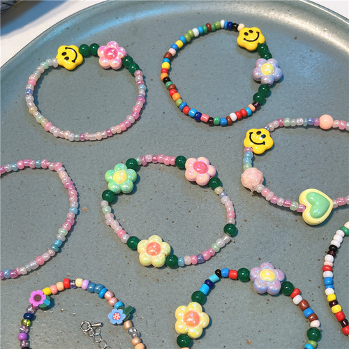 Korean version of the new dopamine color flower smiley face stone glass bracelet sweet and versatile ins style love bracelet