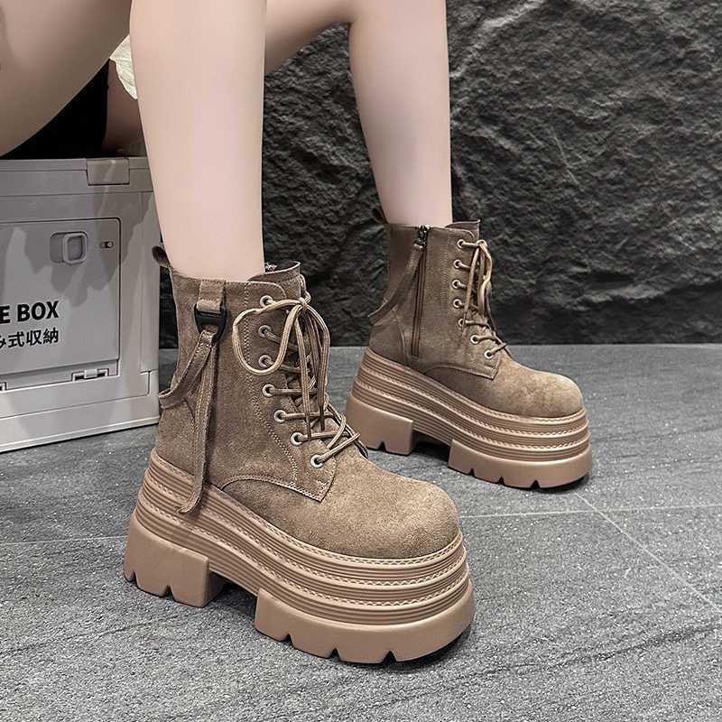 Side Zipper Boots for Women 2025 Autumn and Winter New High-Looking Round-Toe Short Boots Frosted Retro Thick-Soled Boots