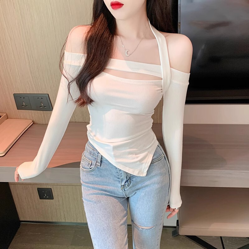 Hot Girls Pure Desire Style One-character Neck Hanging Neck Hollow Shoulder Short T-shirt Women's Irregular Chest-showing Tight Base Top