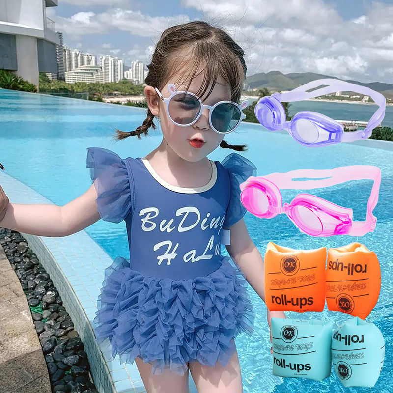 Niña trajes de baño azules con gafas de baño + brazaletes