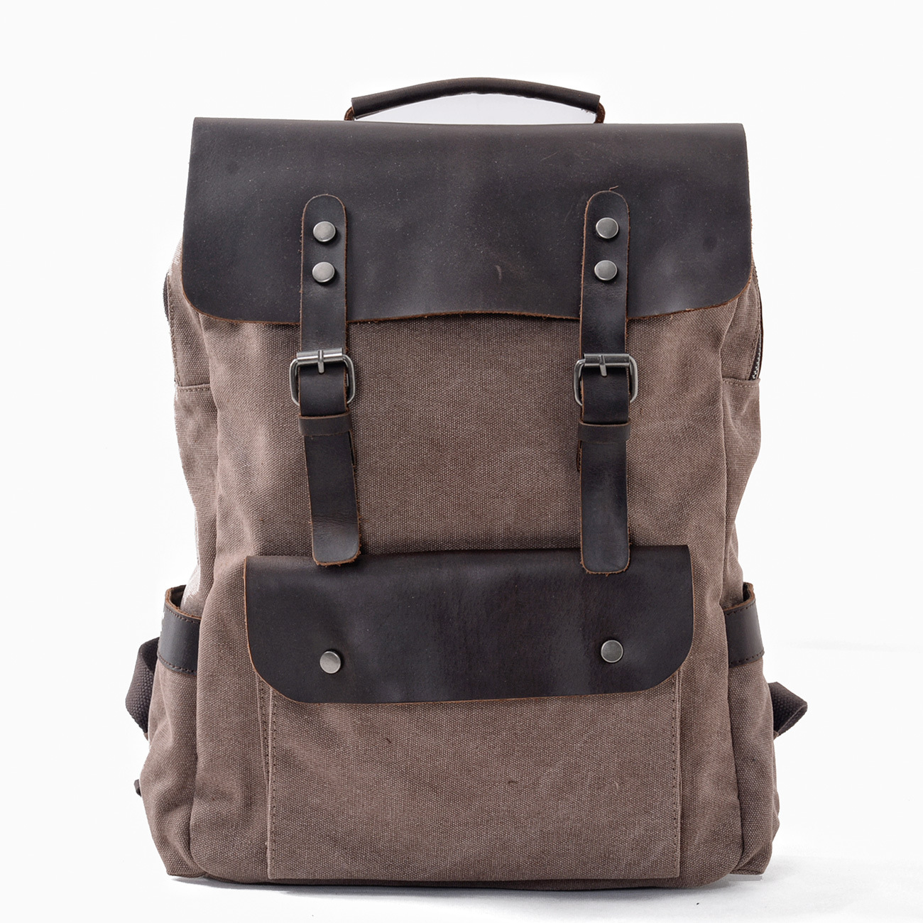 2025新款头层疯马皮帆布双肩包纯棉复古书包学院风牛皮拼接背包