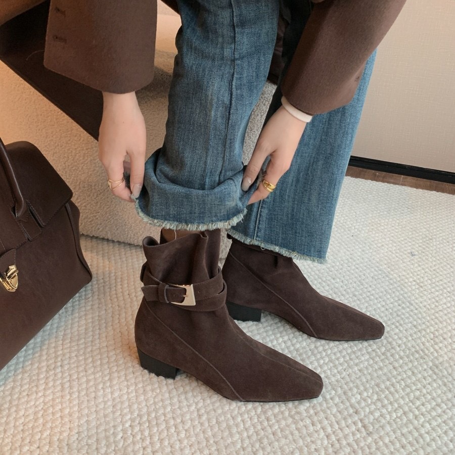 Old Money Style ~ Genuine Leather French Square Toe Belt Buckle Short Boots for Women, Chunky Heel Martin Boots, British Retro Versatile Slim Boots