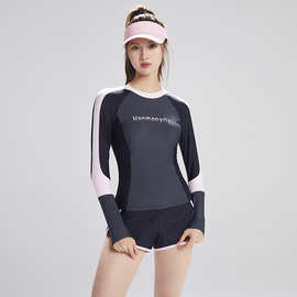 新款长袖运动撞色修身显瘦分体平角两件套女游泳衣 欧美日韩批发