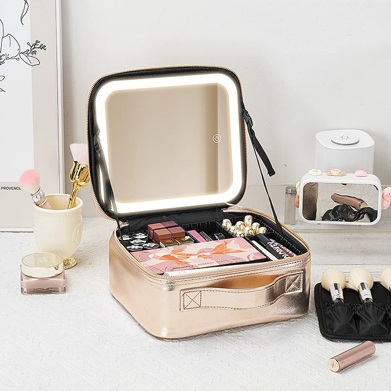 Table storage box with light, mirror, handheld cosmetic bag, purse, organizer bag