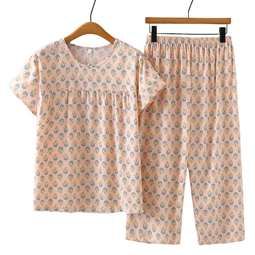 Middle-aged and elderly women's cotton silk pajama sets, artificial cotton mom's short-sleeved capri pants, cotton silk homewear for summer