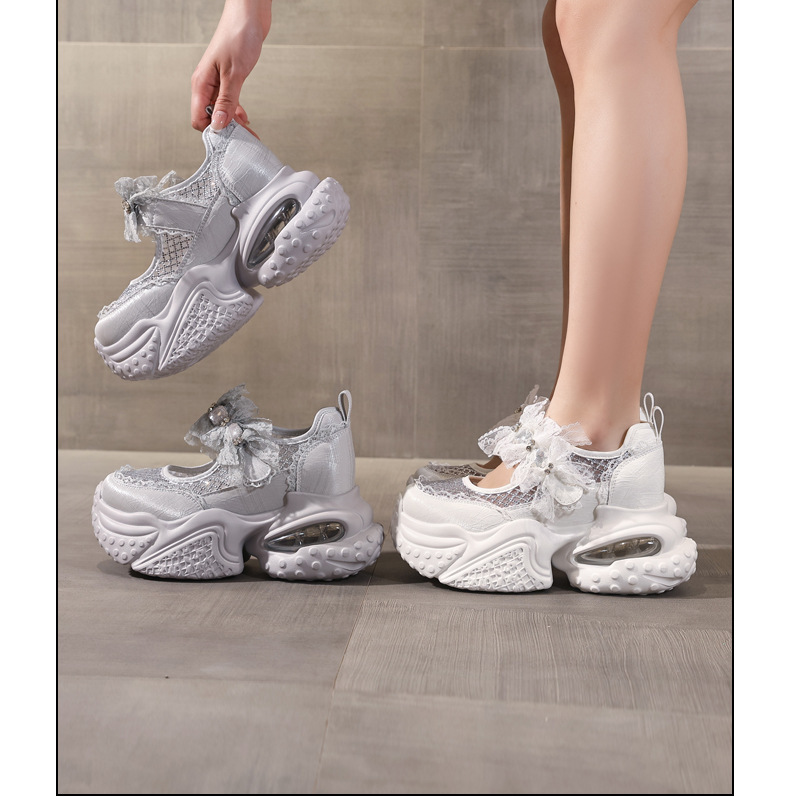 Giày sneaker nữ đế dày tăng chiều cao thoáng khí lưới thể thao — màu trắng chi tiết 17