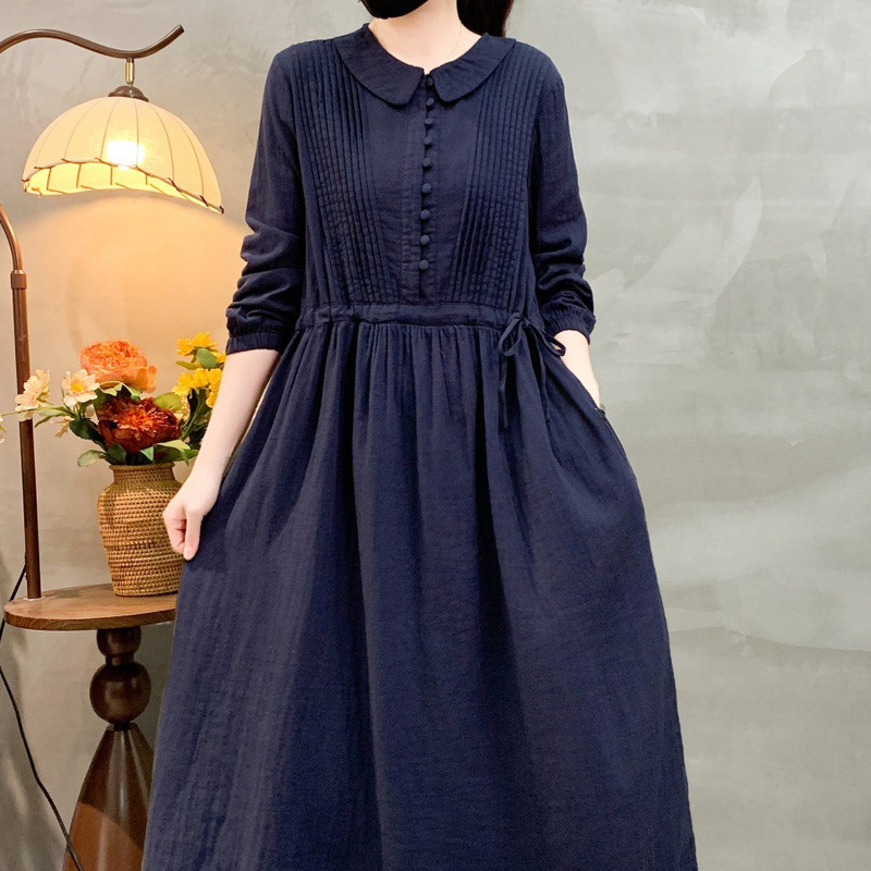 2026 Spring Cotton Gauze Women's Waist-Cinching Long Dress, Extended Length, Long Sleeve, Turn-Down Collar, Pleated, Women's Artistic Dress 2026 Spring Cotton Gauze Women's Waist-Cinching Long Dress, Extended Length, Long Sleeve, Turn-Down Collar, Pleated, Women's Artistic Dress