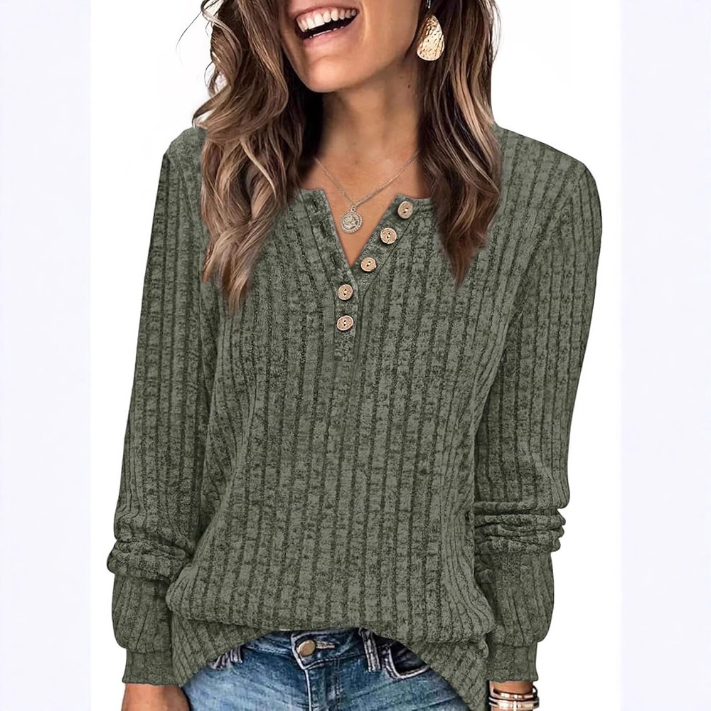 Women's Clothing Round Neck Casual Knitted T-Shirt Long Sleeve Button Detail Autumn/Winter_ecoleips.com