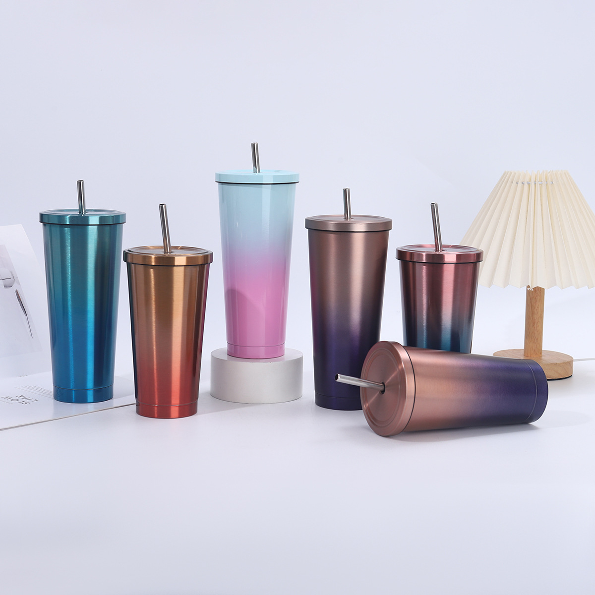 Creativo café degradado 304 taza de vacío de acero inoxidable taza de hielo de gran capacidad taza de paja para exteriores