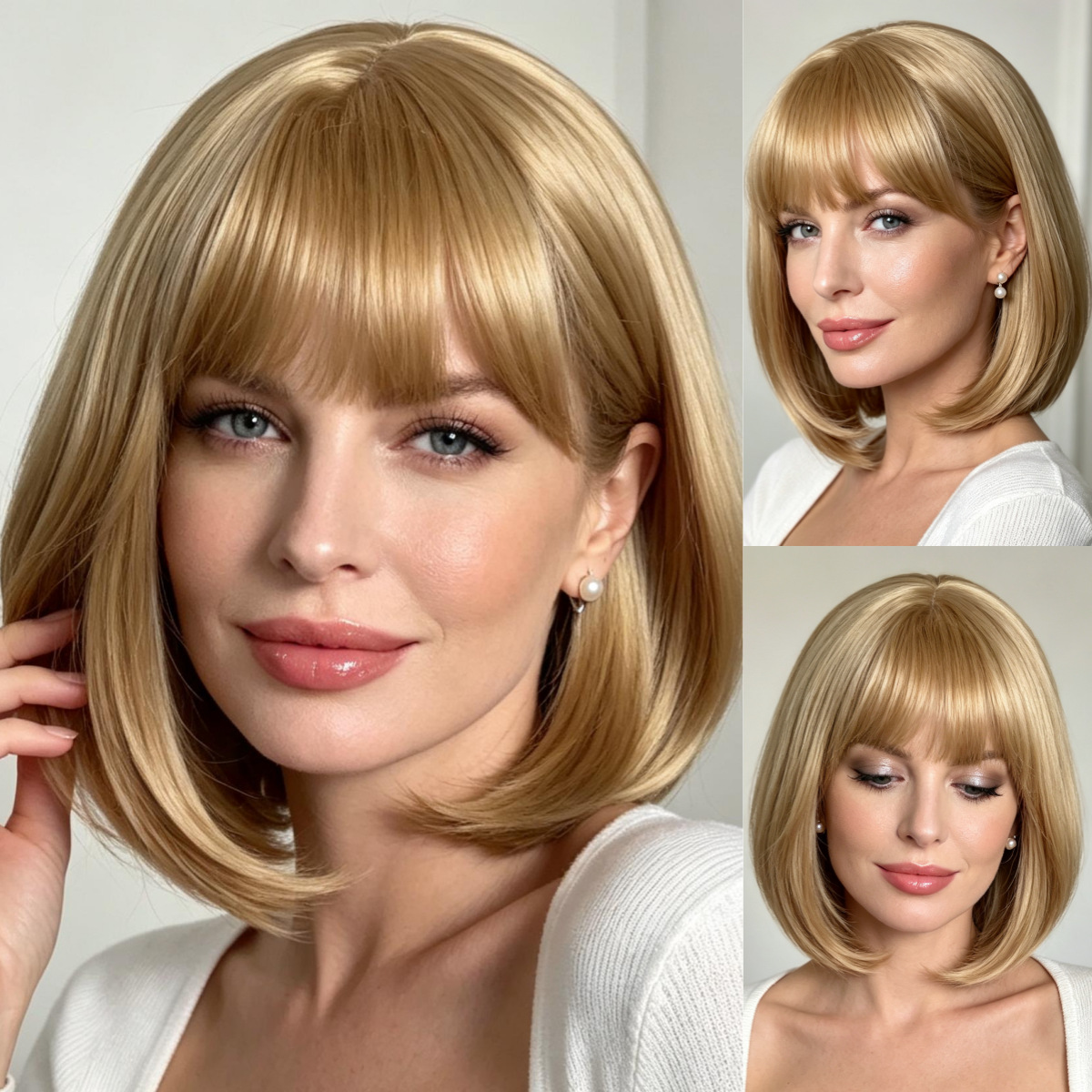 Proveedor de pelucas, peluca de cabello corto y liso estilo bobo para mujer, color blanco hinchado, fibra sintética, fabricante de tocados, venta al por mayor, compatible con ventas transfronterizas