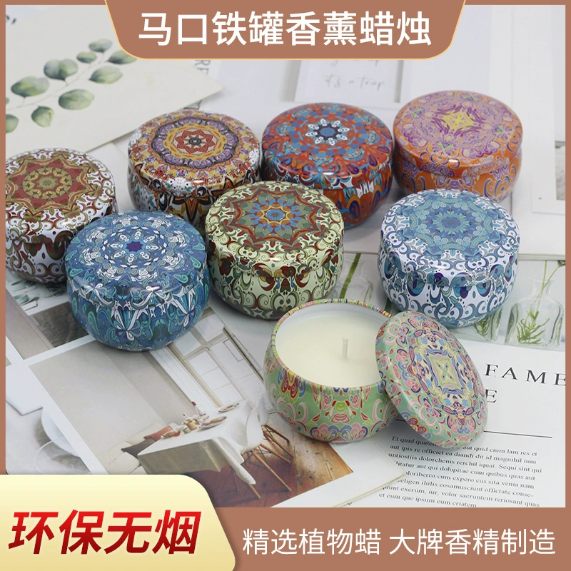 Aromatherapy soy wax tin candle, plant‑based, 55 g wax, 12–14 h burn, decorative tin