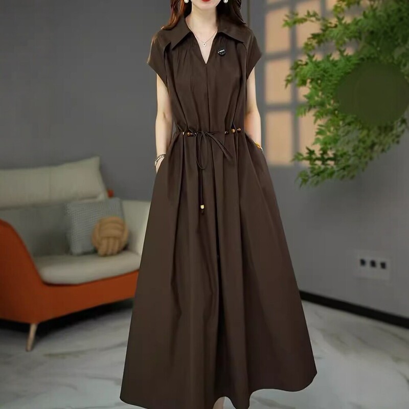 2026 New Minimalist Style Short-Sleeve Dress for Women, Waist-Cinching, Slimming A-Line Long Dress, Elegant and Mature for Work Wear 2026 New Minimalist Style Short-Sleeve Dress for Women, Waist-Cinching, Slimming A-Line Long Dress, Elegant and Mature for Work Wear