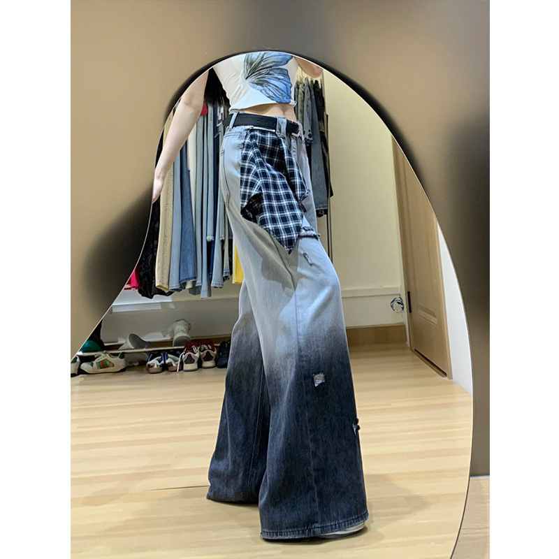 渐变破洞牛仔裤女2025秋下季格子飘带设计感高腰显瘦宽松阔腿长裤|undefined