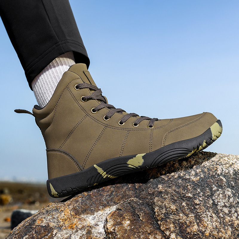 Cross-Border Large Size Leather High-Top Wide-Toe Barefoot Shoes for Couples, Wide-Last Outdoor Hiking Shoes for Men and Women, Autumn and Winter Sports Shoes