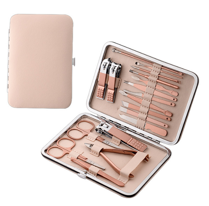 Uñas de acero inoxidable Clippers 18 piezas conjunto de cortauñas traje rosa de oro águila nariz Clippers manicura herramientas de manicura en stock