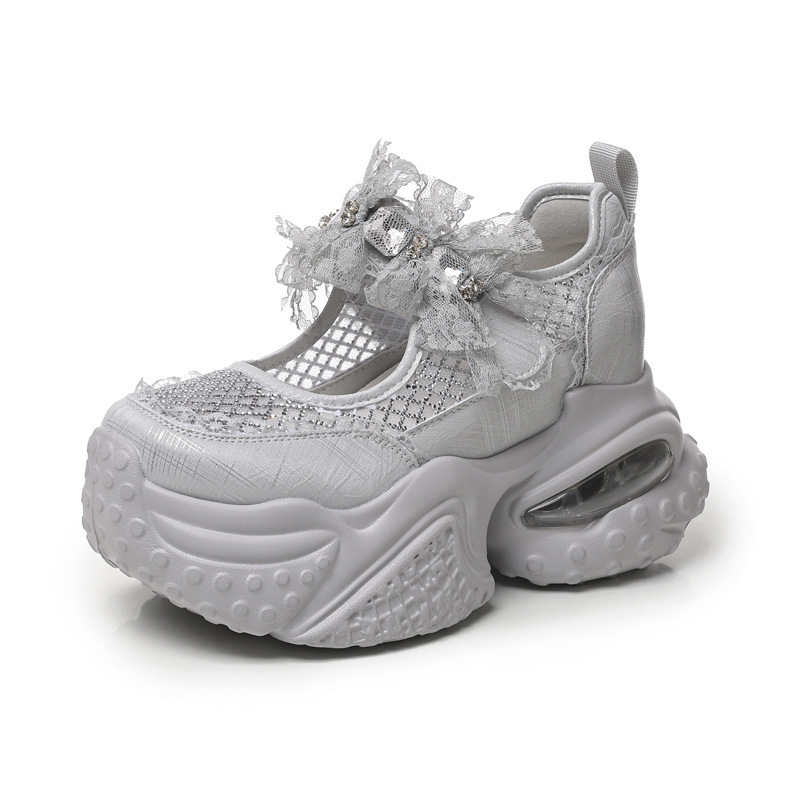 Giày sneaker nữ đế dày tăng chiều cao thoáng khí lưới thể thao — màu trắng