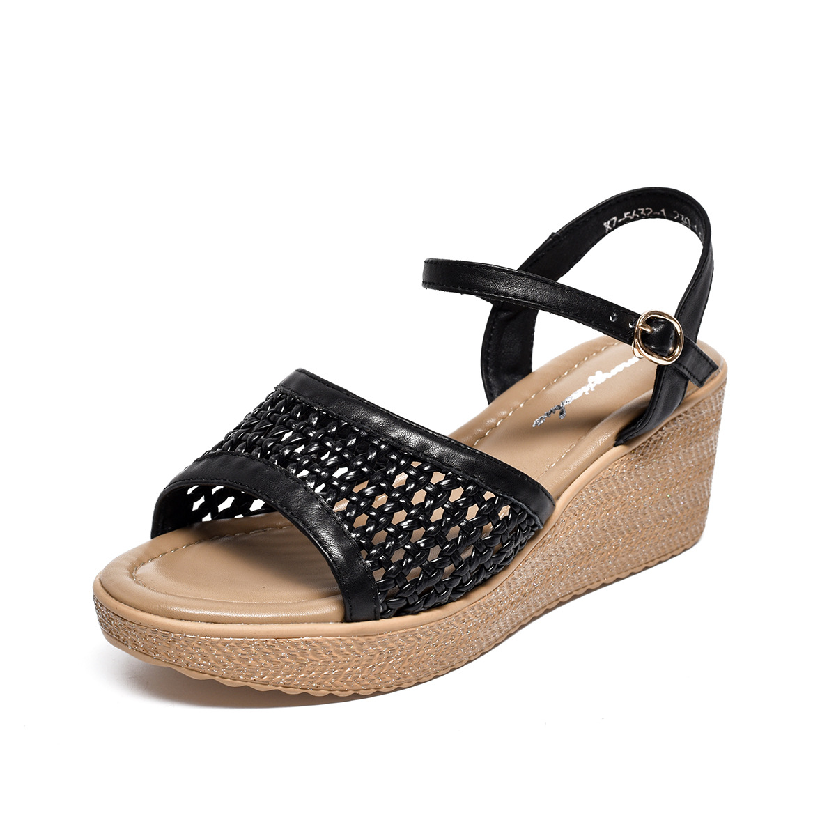 Dép sandal nữ đế xuồng da thật quai đơn đan rỗng — đen