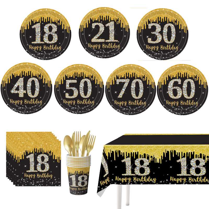 Cross-Border Birthday Theme Series Disposable Black and Gold Dinner Plates Party Supplies for Ages 18-70 Dinner Plate Set Cross-Border Birthday Theme Series Disposable Black and Gold Dinner Plates Party Supplies for Ages 18-70 Dinner Plate Set