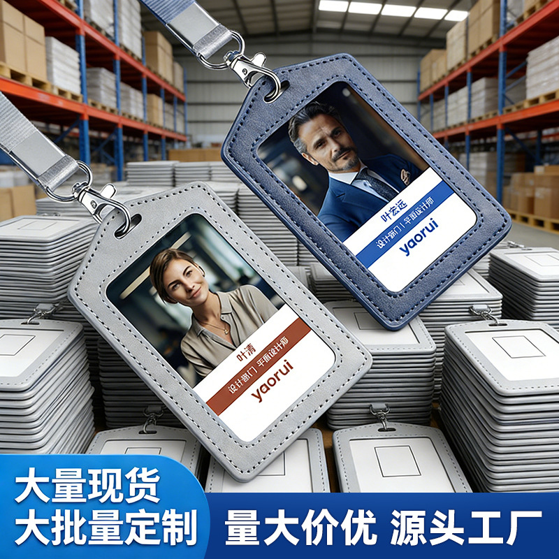 严选跨境真皮工作证皮质卡套胸牌员工卡校园卡保护套带挂绳工作牌