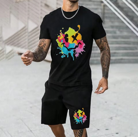 跨境新款印花短袖t恤短裤休闲套装夏季图案男士宽松运动