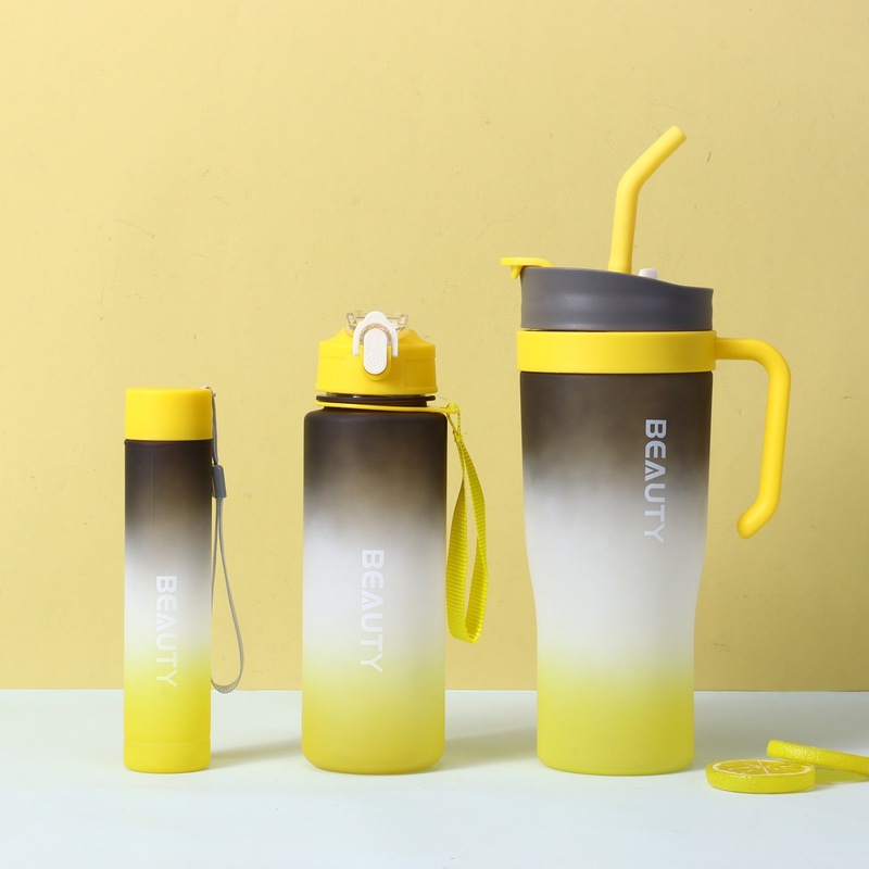 国境を越えた高価値の3ピースグラデーションカラープラスチックストローカップ大容量アイスバーカップハンドル付きカーカップウォーターカップ|undefined