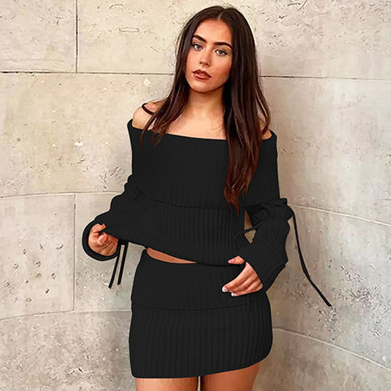 European and American Cross-border Women's Spring New Off-shoulder Long-sleeved T-shirt Hip Skirt Fashion Casual suit