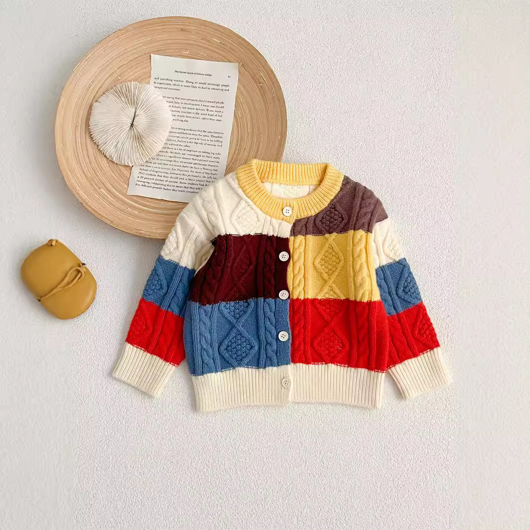 New autumn style children's color-blocked knitted cardigan, boys' and girls' knitted coat, children's retro sweater