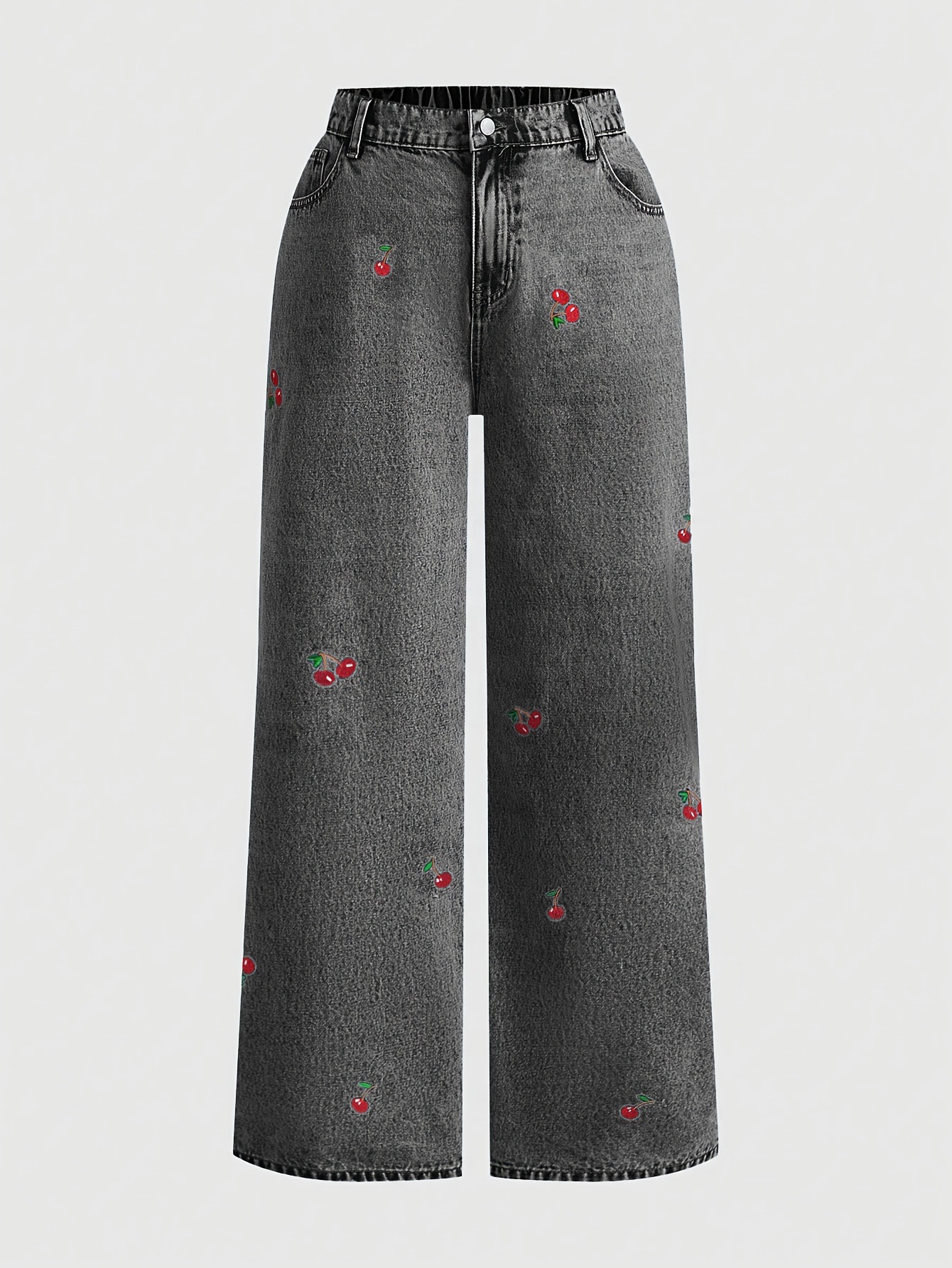 Vintage Washed Slimming Stretch Jeans For Women Smoky Gray Distressed Red Cherry Blossom Embroidered American Style_ecoleips.com