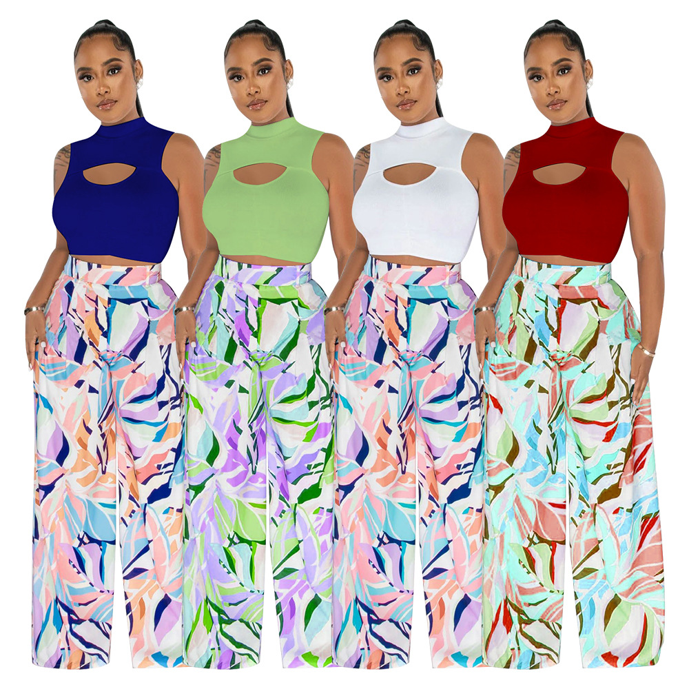 Women's Sexy Streetwear Color Block Polyester Printing Hollow Out Pants Sets display picture 1