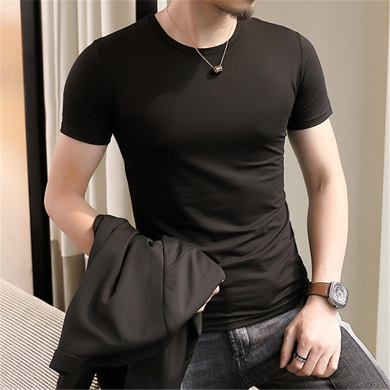 紳士服半袖Tシャツラウンドネックスリムタイト純白五分袖トップボトムシャツ下着夏|undefined