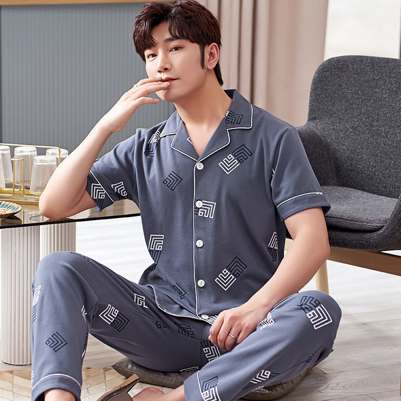 Pijamas de hombre ropa de verano 100% algodón pantalones de manga corta chaqueta juvenil traje de homewear delgado de mediana edad