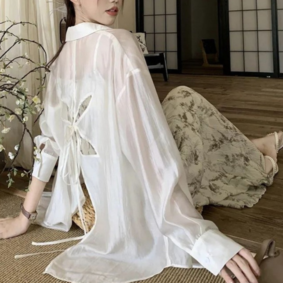 Summer Thin Sunscreen Shirt Mid-length Coat Loose Top Women's Design Sense Back Hollow Lace-up Shirt Women