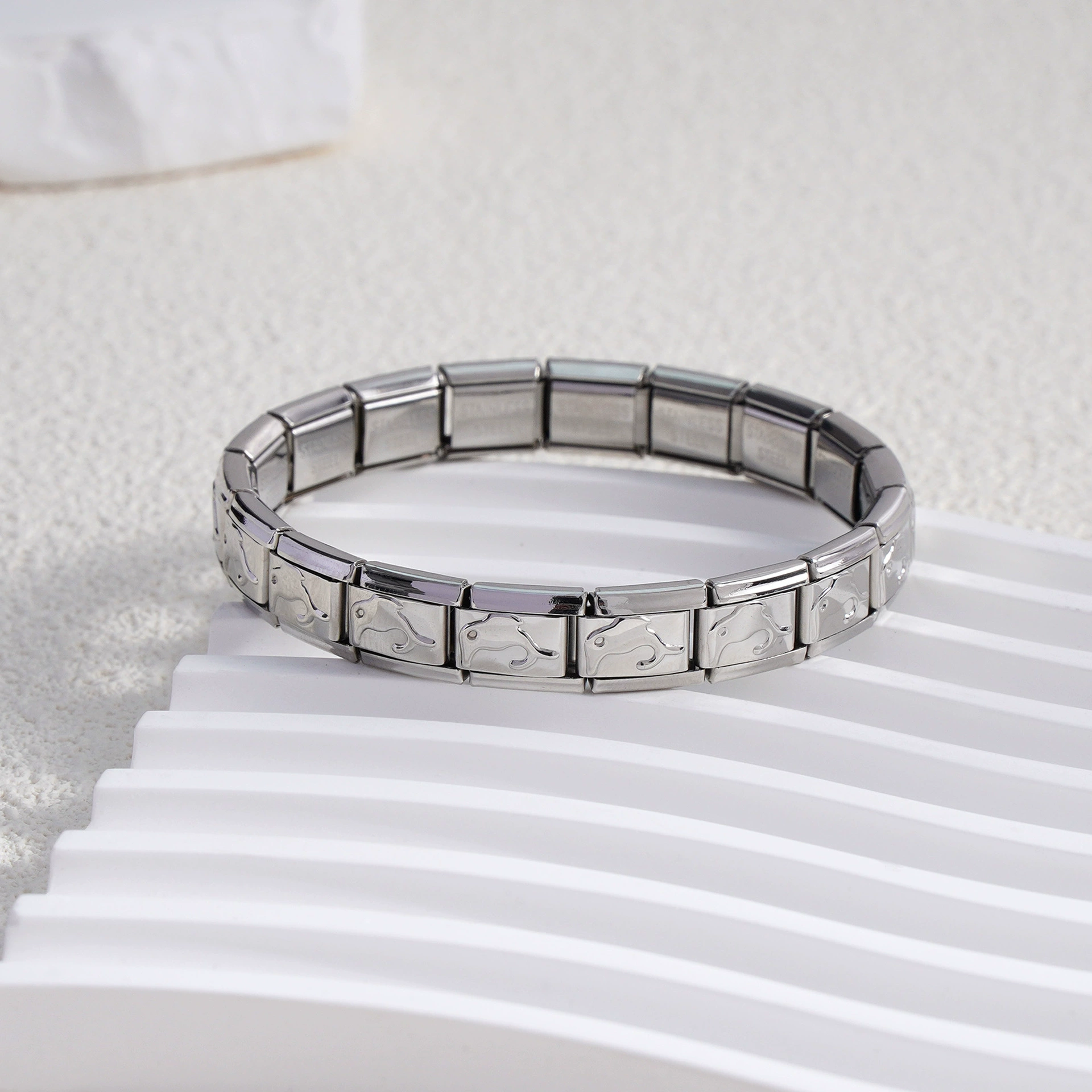 stainless steel bracelet, removable elastic link watch strap, italian european style, assorted charms