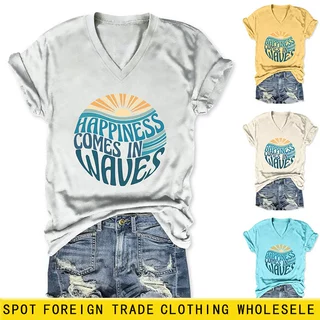 Happiness Comes In亚马逊ebay独立站休闲舒适女士V领短袖T恤现货