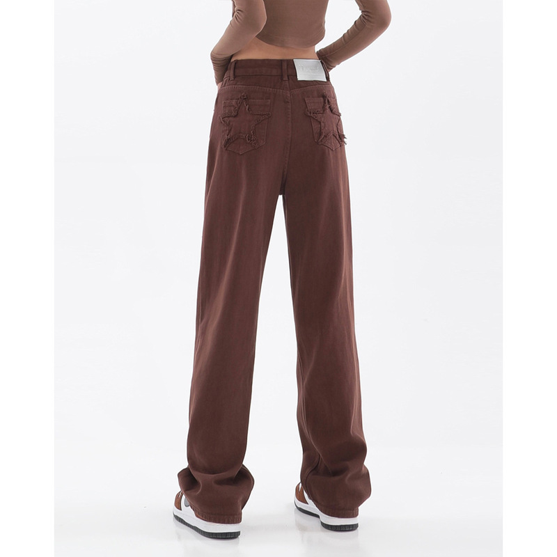 American retro jeans women's high waist summer new brown design sense niche straight high street pants ins fashion