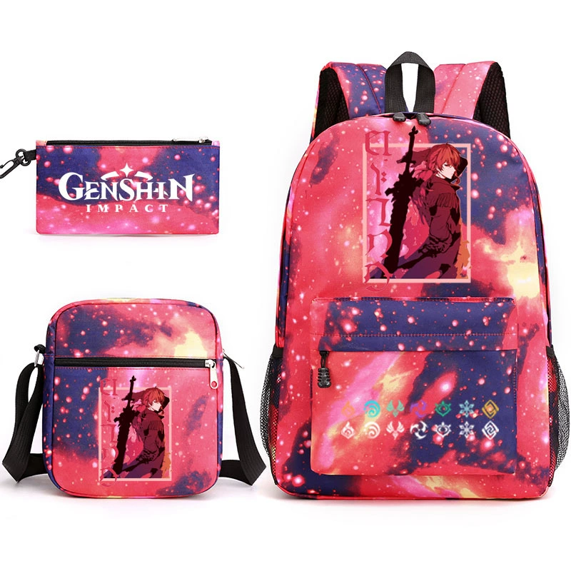 Backpack set (Genshin) 3‑piece — backpack, one‑shoulder bag, pencil case, assorted colors