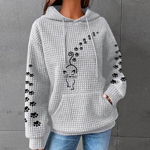 Winter and Spring Women's Checked Hooded Long-Sleeve Cartoon Print Sweatshirt Loose European and American EU Size