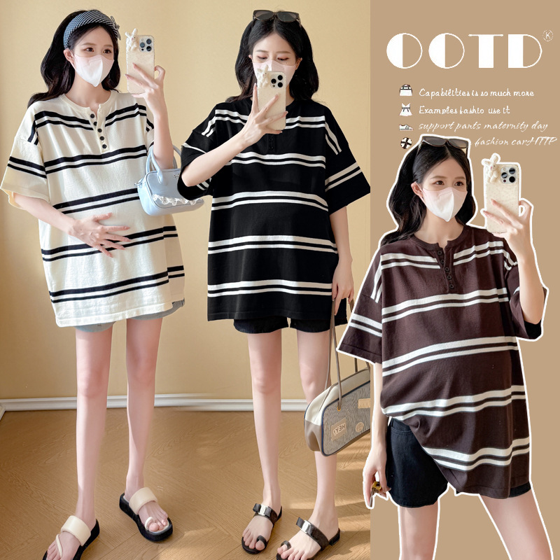 2026 New Summer Short-Sleeved High-End Versatile Loose Slimming Simple Knitted Striped Top for Pregnant Women