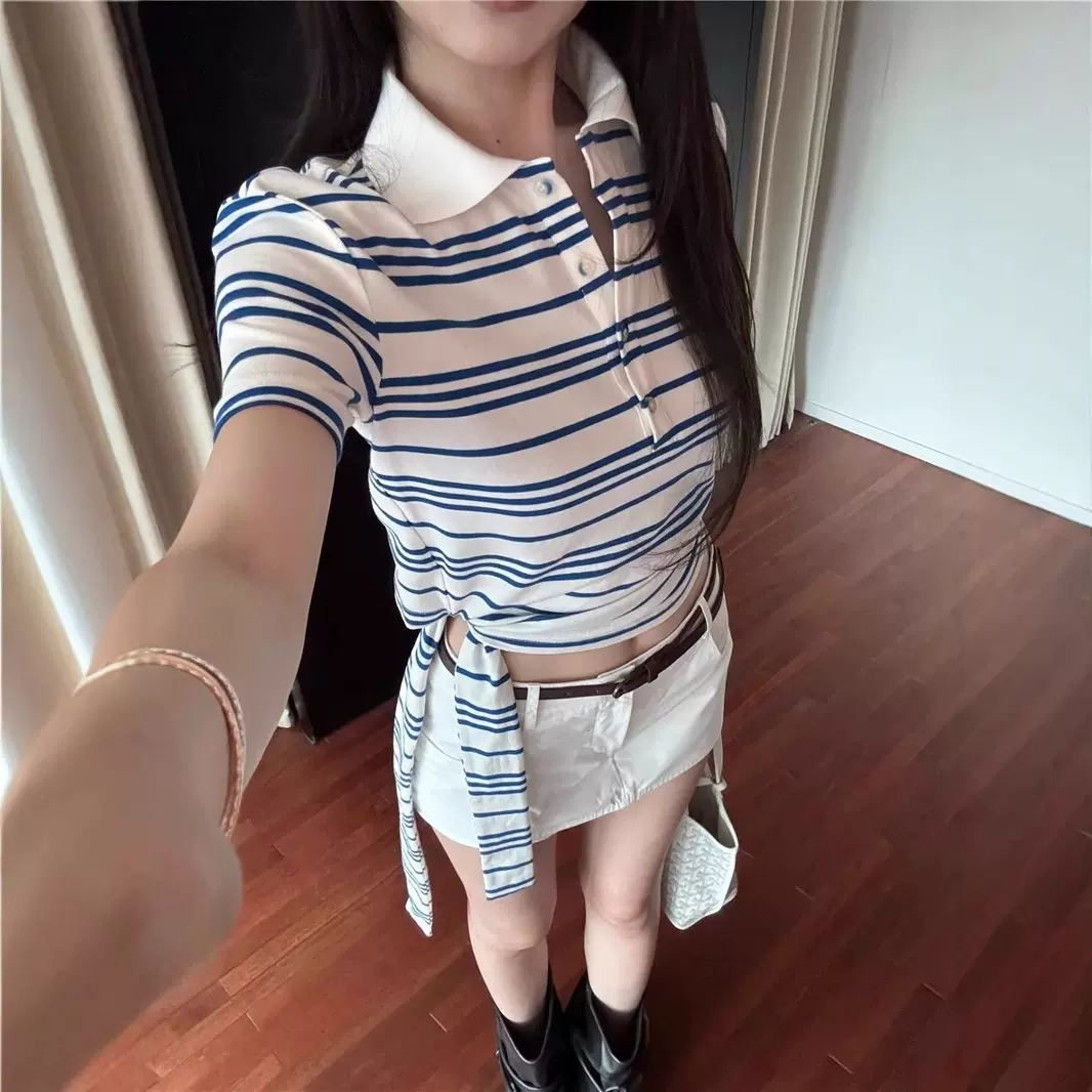 美式条纹POLO领短袖t恤女夏季2025新款别致绑带收腰辣妹正肩上衣