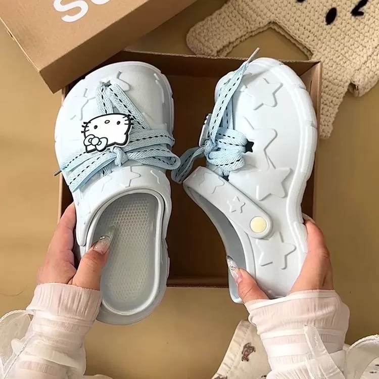 Симпатичный мультфильм бант kitty кошка пещерные туфли женские толстые подошвы 2025 летом носить противоскользящие холодные тапочки