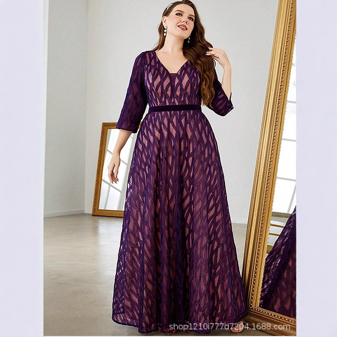 European and American Amazon New Large Size Long-Sleeved Deep V Sexy Dress Evening Dress Banquet Party Dress Long Skirt