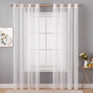 Customized Cross-Border Amazon Curtains Semi-Embroidered Small Leaf Embroidered Gauze Curtains Living Room Bedroom Bay Window Leaves Translucent White Gauze