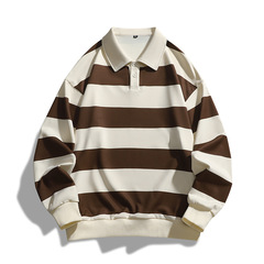 クロスボーダーメンズTシャツ春秋ポロストライプスウェットシャツ暖かいゆったり秋ラペル長袖万能長袖Tシャツ